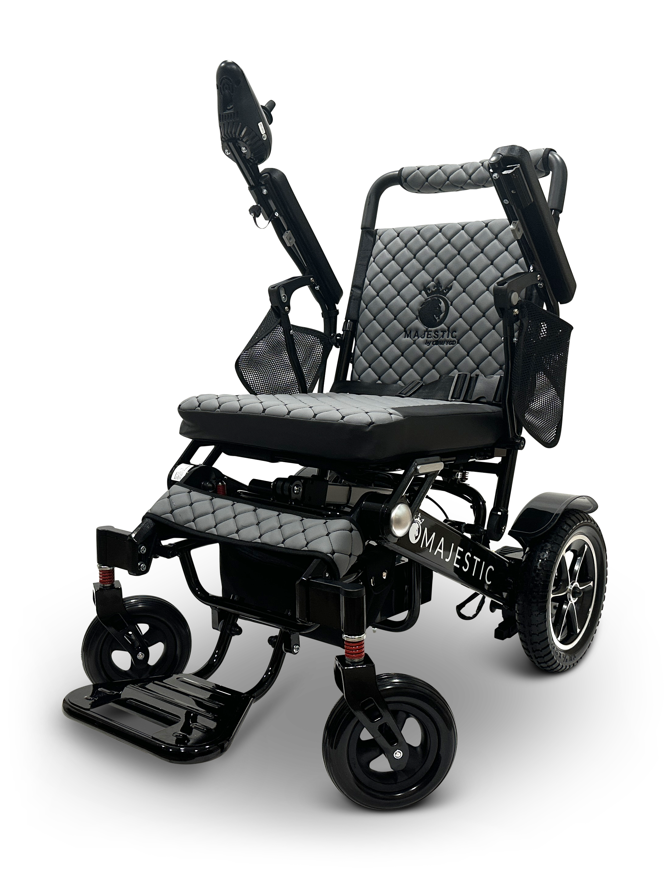 Introducing the MAJESTIC IQ-7000 Remote Controlled Electric Wheelchair: a sleek and lightweight black electric wheelchair featuring quilted padding, raised armrests, and sturdy wheels for enhanced mobility and comfort. The Majestic brand name is prominently displayed on the frame.